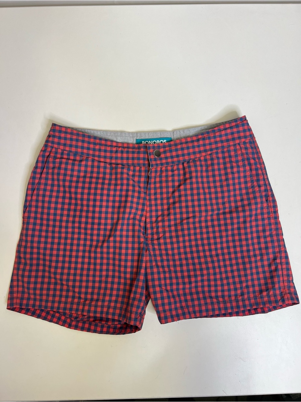 Bonobos Swim Trunks Mens 32 Pink Navy Blue Gingham Check 5" Inseam Riviera